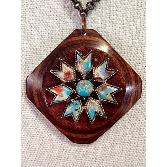 Copper Chain Turquoise Arrow Wooden Pendant Necklace Fashion Jewelry Collection - Picture 4 of 5